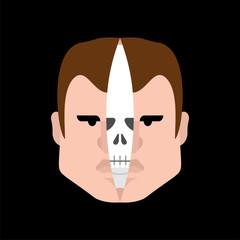 Skull inside head. Cut skin of face. Anatomy