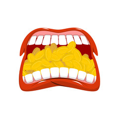 Leprechaun mouth full of gold coins. Holiday of Ireland. St.Patrick 's Day. Traditional Irish holiday.