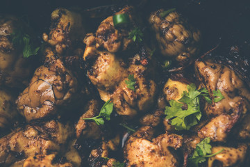 Brain / Bheja Fry of goat, sheep or lamb is a popular Indian or pakistani dish cooked on Bakra Eid(Eid-ul-zuha). served in karahi, pan or plate. selective focus