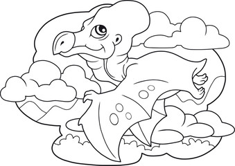 cartoon cute dinosaur pterodactyl, coloring book, funny illustration