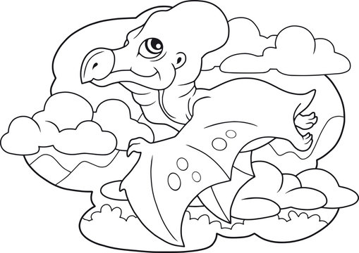 cartoon cute dinosaur pterodactyl, coloring book, funny illustration