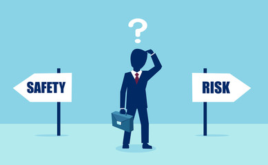 Vector of a business man with question feeling confused at crossroads