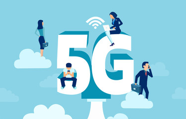 Vector of business people with gadgets sitting on the big 5G symbol networking