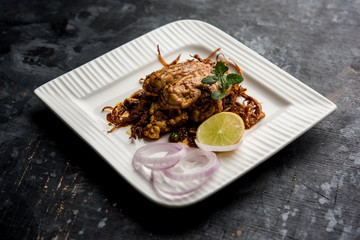 Brain / Bheja Fry of goat, sheep or lamb is a popular Indian or pakistani dish cooked on Bakra Eid(Eid-ul-zuha). served in karahi, pan or plate. selective focus