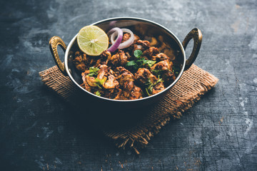 Brain / Bheja Fry of goat, sheep or lamb is a popular Indian or pakistani dish cooked on Bakra Eid(Eid-ul-zuha). served in karahi, pan or plate. selective focus