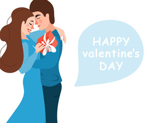 Happy valentines day vector design with hug couple in love, gift present on white background. Holiday greeting with love. Vector illustration