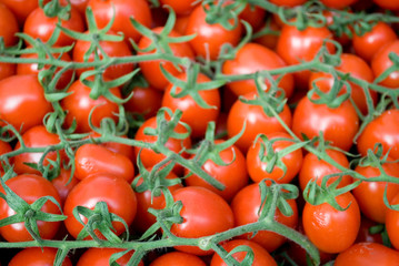 bunches of red cherry tomatoes, green branch, for sale at local vegetable market, texture, agriculture, cultivation, food, diet, vitamins, nourishment, nutrition, pizza, Milan, Italy