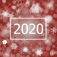 Abstract red background. A lot of different shining snowflakes. Greeting card 2020. Vector illustration. Eps 10.