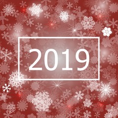 Abstract red background. A lot of different shining snowflakes. Greeting card 2019. Vector illustration. Eps 10.