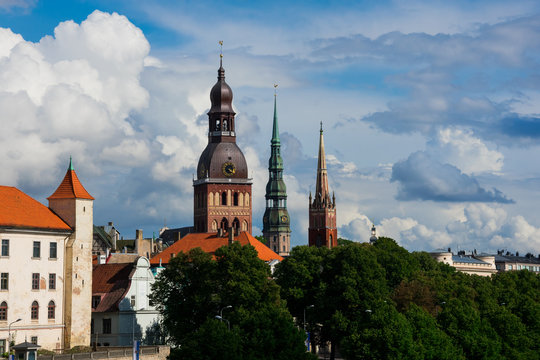 Three towers. Riga Dome Cathedral (Rigas Doms), St. Peter's Church (Sveta Petera Evangeliski luteriska baznica) and St. Saviour's Church (Anglikanu Sv. Pestitaja baznica). Riga, Latvia.