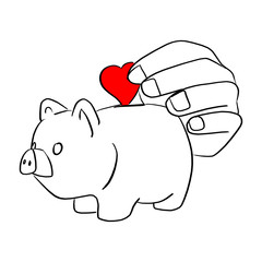close-up hand putting red heart in piggy bank vector illustration sketch doodle hand drawn with black lines isolated on white background. love charity and relief work.