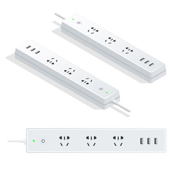 Isometric Electric Extension Cord Isolated On White Background. Power Strip With Electrical Sockets Universal Standard And USB Charging Hub Ports.