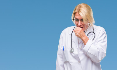 Middle age blonde doctor woman over isolated background feeling unwell and coughing as symptom for cold or bronchitis. Healthcare concept.