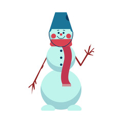 Vector illustration of snowman waving stick hand and wearing bucket hat and red scarf in flat style - isolated winter snowy smiling decorative element for seasonal and holiday design.