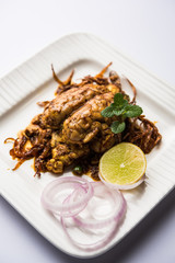 Brain / Bheja Fry of goat, sheep or lamb is a popular Indian or pakistani dish cooked on Bakra Eid(Eid-ul-zuha). served in karahi, pan or plate. selective focus