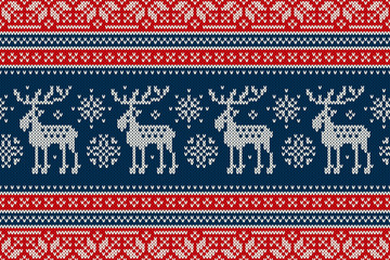 Christmas Knitting Pattern with Elks and Snowflakes. Scheme for Wool Knit Winter Holiday Sweater Seamless Pattern Design or Cross Stitch Embroidery