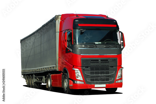 red large truck with semi trailer