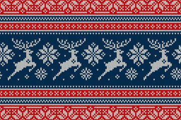 Christmas Knitting Pattern with Reindeers and Snowflakes. Scheme for Wool Knit Winter Holiday Sweater Seamless Pattern Design or Cross Stitch Embroidery