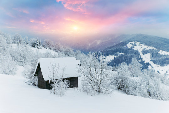 Fototapeta Fantastic winter landscape with wooden house in snowy mountains. Christmas holiday concept. Carpathians mountain, Ukraine, Europe
