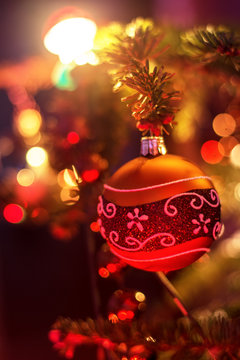 Christmas ornaments hanging from christmas tree