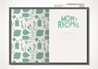Cookbook with mom's recipes and papers, isolated on white background