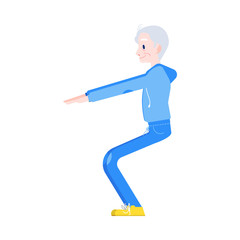 Fototapeta na wymiar Vector flat elderly man in sportsuit doing sport. Old male character working out doing squats. Grandfather at retirement, pension and healthy lifestyle.
