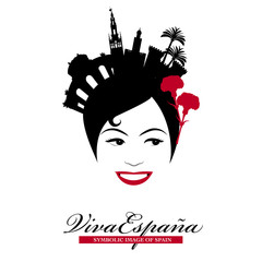 Symbolic image of Spain. Woman wearing comb with Spanish monuments. (