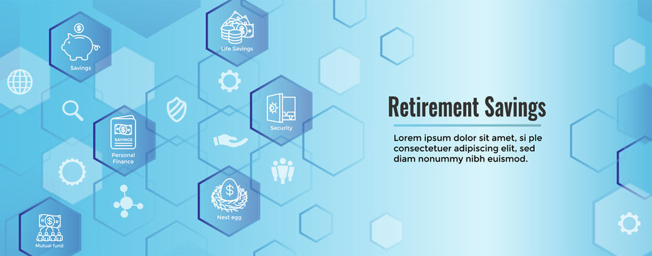 Retirement Account and Savings Icon Set Web Header Banner w Mutual Fund, Roth IRA, etc