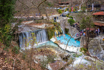 Obraz na płótnie Canvas Loutra Pozar Thermal Baths and hot springs in nature in Loutraki near Edessa, Macedonia, Greece