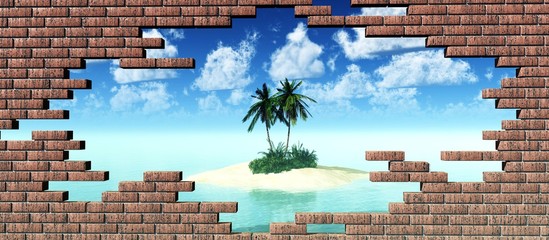 Tropical island at sunset in the breaking of a brick wall
