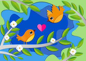 Birds in love on the blooming tree in spring. Paper art style