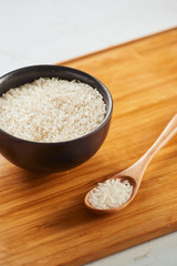 White rice in bowl on table. Concept asian food