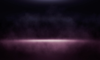 Fototapeta premium Background of an empty room, reflection of neon light on a concrete floor, puffs of smoke