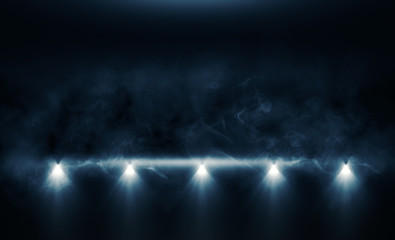 Background of an empty room, reflection of neon light on a concrete floor, puffs of smoke