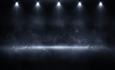 Background of an empty room, reflection of neon light on a concrete floor, puffs of smoke