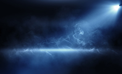 Background of an empty room, reflection of neon light on a concrete floor, puffs of smoke