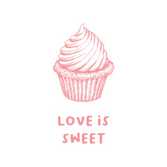 Valentines Day Cupcake Greeting Card or Poster with Capcake Sketch. Laser Cutting File Isolated on White Blackground. Vector Engraved with Lettering Wishes Love Is Sweet