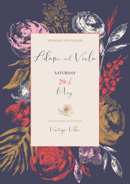 Vector natural vertical frame, greeting card, vintage floral bouquet with vintage roses