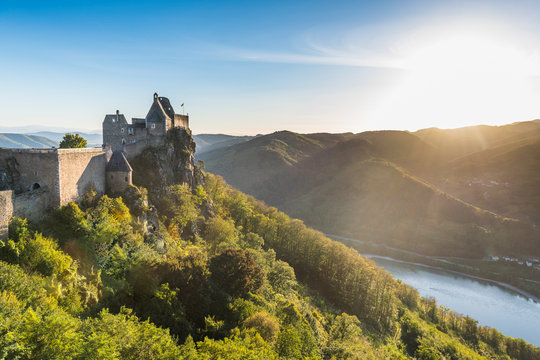 Castle Aggstein overlooking the River Danube in the Wachau at sunset, Austria