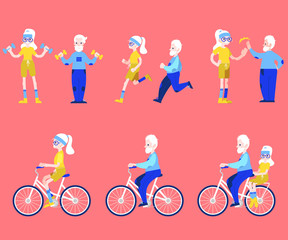 Vector flat elderly man, woman in sportsuit doing sport set. Old male, female characters working out cycling, gymnastics wtih dumbbells, jogging. Grandparents at retirement, pension healthy lifestyle