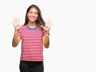 Young beautiful arab woman over isolated background showing and pointing up with fingers number ten while smiling confident and happy.