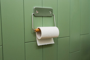 A white roll of soft toilet paper neatly hanging on a modern chrome holder on a green bathroom wall.