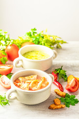 Vegetables soup with carrot, eggs and chicken, mushroom cream soup
