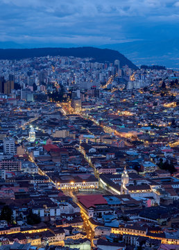 Old Town elevated view from El Panecillo, twilight, Quito, Pichincha Province, Ecuador