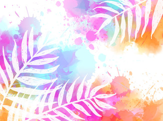 Fototapeta na wymiar Abstract background with watercolor splashes and palm leaves