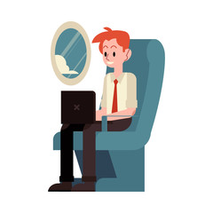 Vector flat young businessman working typing at laptop sitting at passanger seat in airplane in business flight, Male character using computer onboard during trip.