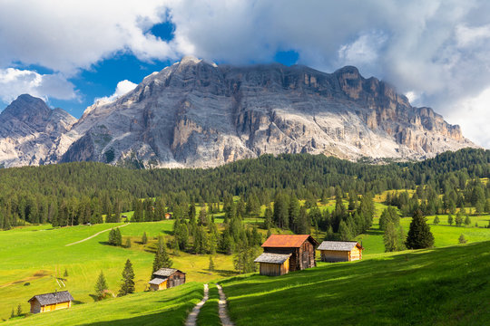 Huts of Prati Armentara, La Val (Wengen), Badia Valley, South Tyrol, Dolomites