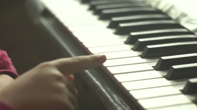 The girl plays the piano. Little girl learns to play piano