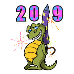 Little Dinosaur hiding a firecrackers behind his body forms the number 2019 at the fireworks festival cartoon vector
