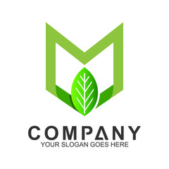 letter M logo with leaf in green color